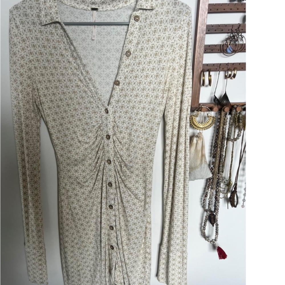 Patterned Cream Button-Up Dress